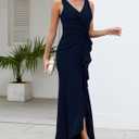 FQA Formal Evening Dresses for Women Elegant Evening Party Prom Dress Long Sexy V Neck Sleeveless Split Wrap (Blue)