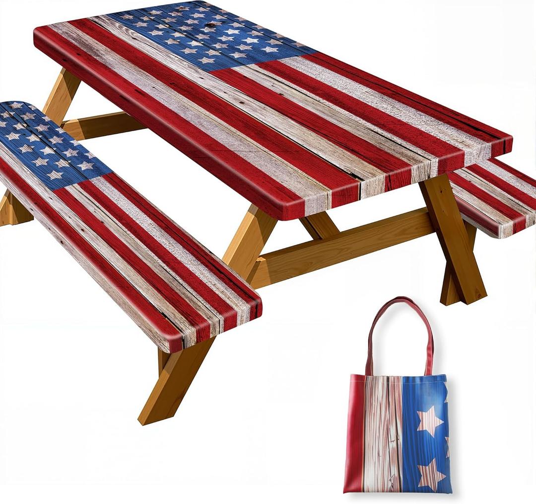 Picnic Table Cover with Bench Covers American Flag Waterproof Windproof Fitted Outdoor Tablecloth with Elastic Rectangle Table Cloth Camping Accessories,72x30 Inch