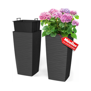 Mueller M-Resin Heavy Duty Tall Planters for Outdoor Plants, Indoor Grande Plant Pots, Boxes, Trees, Flower Pots, 2-Piece Set, 24”, Modern Design, Built-in Drainage, Front Porch Decor, Dark Gray
