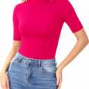 MANGOPOP Women's Mock Turtle Neck Slim Fit Long Half Elbow 3/4 Short Sleeve T Shirts Tight Tops Basic Tee (Large, 28 Hot Pink)
