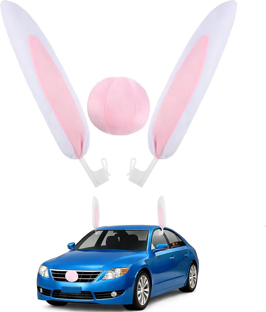 Didiseaon Easter Bunny Ears Nose Car Decor: Rabbit Ears Car Antenna Topper, Outdoor Easter Decorations for Auto Vehicles Christmas Party Exterior Accessories