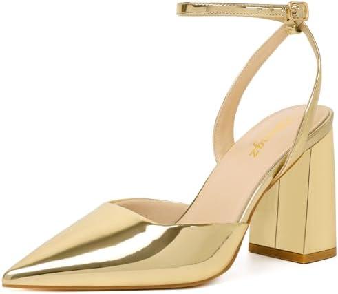 RIBONGZ Block Heels for Women Closed Pointed Toe Heeled Slingback Chunky High Heel Ankle Strap Pumps Patent Leather Comfort Dressy Shoes for Work Party Prom Wedding Bridal Dress Size 12