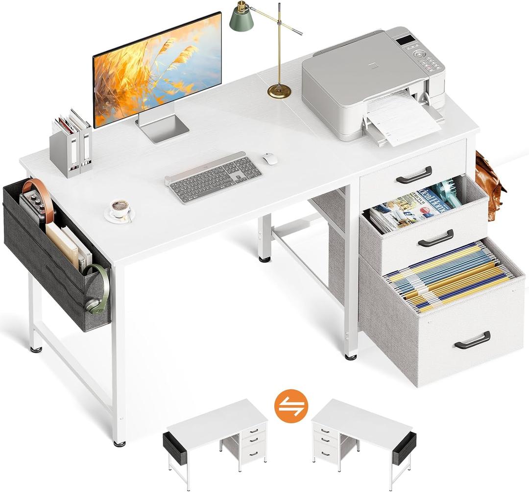 Casaottima 40-Inch Small Computer Desk with Fabric Drawers & File Cabinet, Home Office Desk with Cloth Storage Bag and Hook, Writing Study Work Table for Small Space, Vanity Desk for Bedroom, White
