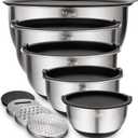 Wildone Mixing Bowls with Airtight Lids Set, 5PCS Stainless Steel Nesting Bowls for Kitchen, with Grater Attachments & Non-Slip Bottoms, Size 5, 3, 2, 1.5, 0.63 QT, Great for Mixing & Serving (Black)
