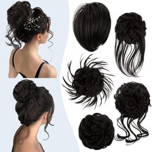 HMD 5 Pieces Messy Hair Bun Hairpiece Tousled Updo for Women Hair Extension Ponytail Scrunchies with Elastic Rubber Band Long Updo Messy Hairpiece Hair Accessories Set for Women 4# (4#-Darkest Brown)