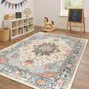RELEANY Area Rugs 4'x6' Washable Non-Slip, Floral Vintage Distress Print Pattern Medallion Carpet for Living Room Bedroom Dining Room, Beige Navy Blue Orange Colorful