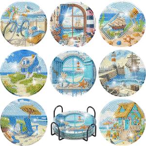 2 x uuxsretaio 8 Pcs Beach Diamond Painting Coasters, Sea Diamond Art Coasters, DIY 5D Light House Diamond Dot Coasters, Full Drill Art Craft Supplies with Holder 4X4 Inch