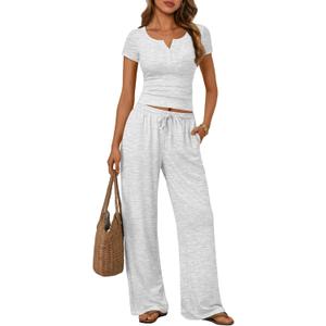 Trendy Queen Women's 2 Piece Matching Lounge Sets Summer Henley Neck Slightly Crop Top Wide Leg Pants Casual Sweat Suit (Large, Oatmeal Grey)