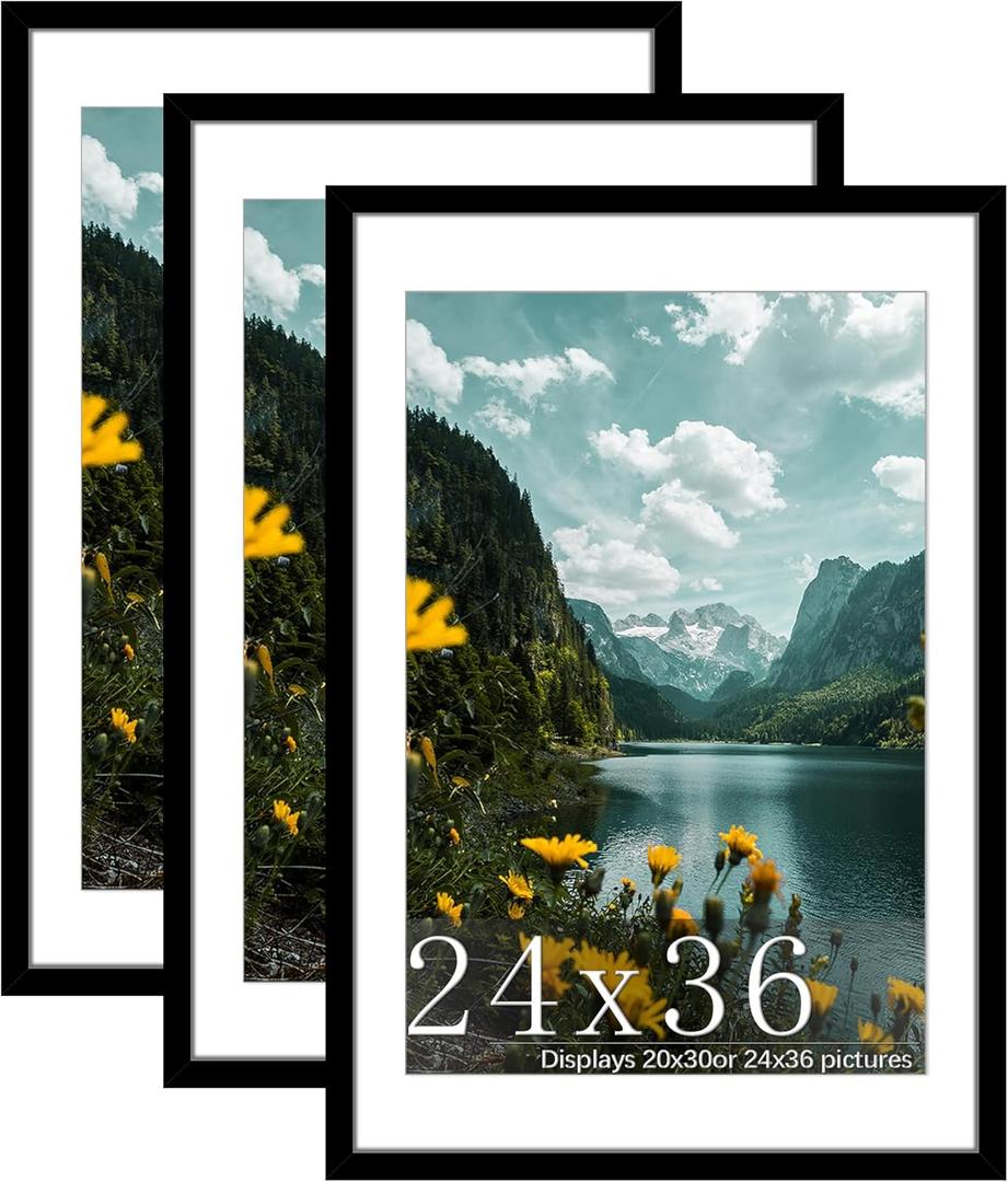 Picrit 24x36 Picture Frame 3 Pack, Black Poster Frame, Display Poster 20 x 30 with Mat or 24 x 36 without Mat for Horizontal or Vertical Wall Mounting