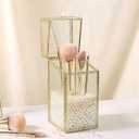 Glass Makeup Brush Holder with Lid Organizer Vintage Cosmetic Hexagonal Display Cases Brush Storage with Free White Pearls - Gold
