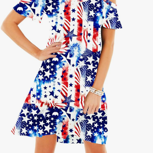 Deerose Womens 4th of July Dresses Cold Shoulder American Flag Tie Dye A-Line Dress with Pockets, M