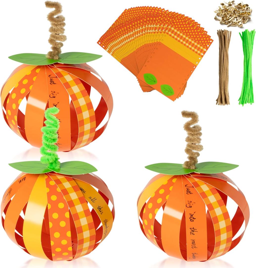 BeYumi Paper Strip Pumpkin Craft - 48Pcs Halloween Pumpkin Craft Kit DIY Fall Thanksgiving Gratitude Pumpkin Thankful Craft Autumn Holiday Religious Decor Home School Classroom Fun Activities for Kids