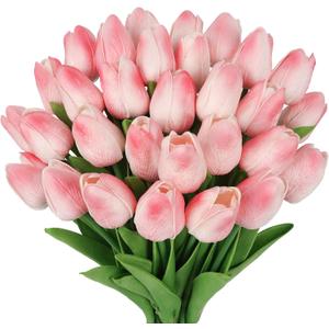 MACTING 30 PCS Artificial Tulip Flowers 13.7" Real Touch Fake PU Tulips Bouquet Faux Flowers for Floral Arrangements Table Centerpiece Kitchen Home Indoor Outdoor Summer Decorations(Peach Pink)