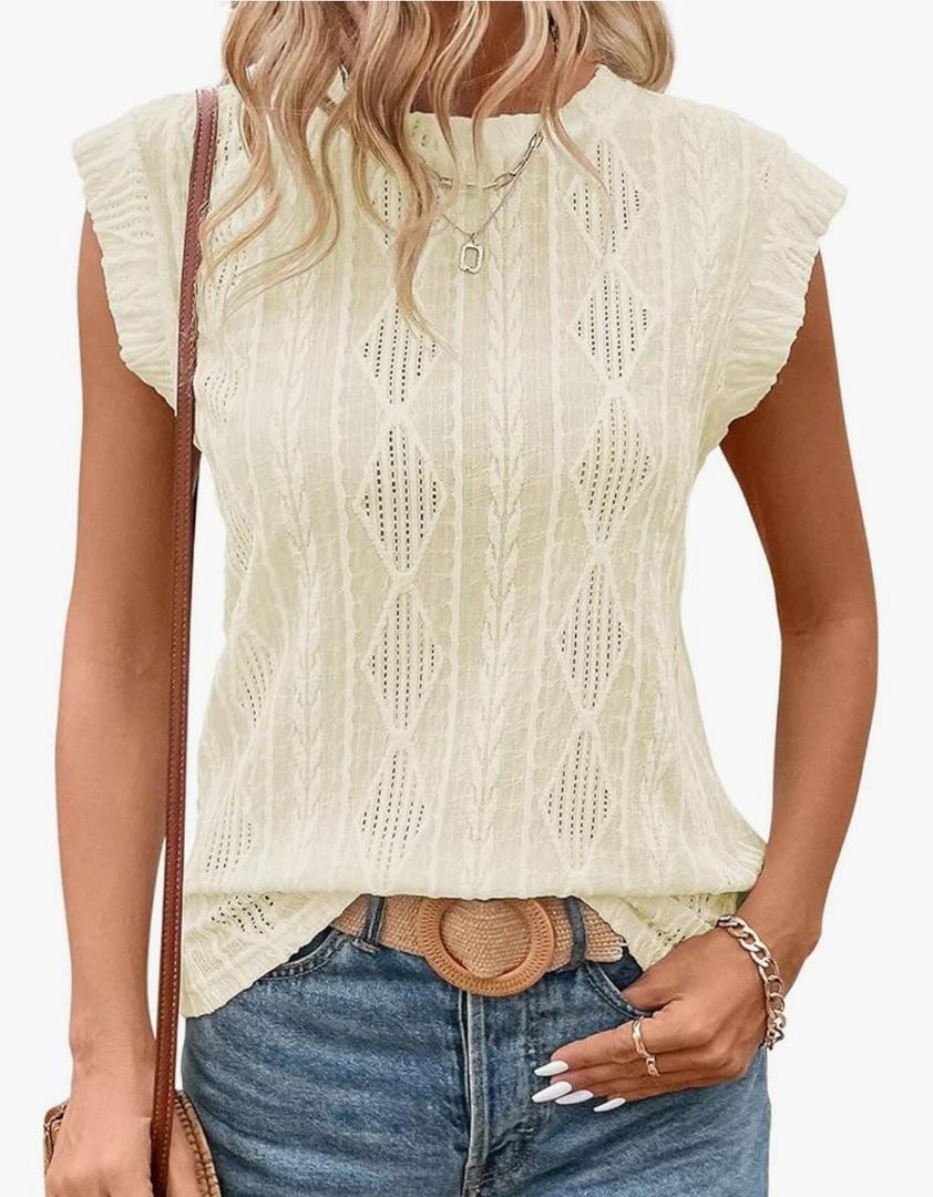 Womens Summer Tops Crew Neck Blouses Dressy Casual Short Sleeve Eyelet Hollow Out Shirts L