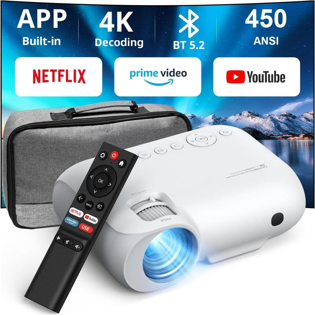 YOTON Smart Projector with WiFi and Bluetooth, Officially Licensed Netflix/ Prime/ YouTube, Native 1080P Full HD Portable Outdoor Movie Projector, 4K Support, Dolby Audio for Bedroom, Home, Outdoor