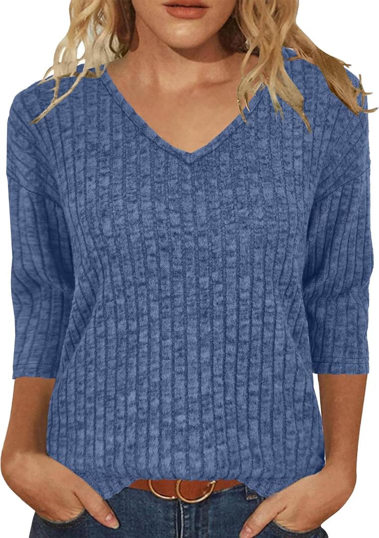 JomeDesign Womens Sweaters V Neck 3/4 Sleeve Shirts Dressy Casual Blouses Loose Fit Tunic Tops Fall Fashion (Purple, XL)