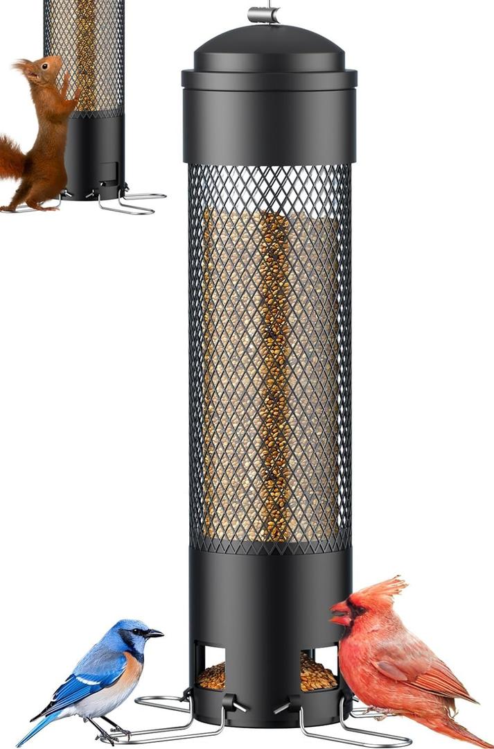 LCSEVEN Bird Feeders for Outdoors Squirrel Proof with Weight-Activated Perches, Hanging Bird Feeder for Outside, Metal Feeder for Wild Cardinal, Finch, Blue Jay, Chickadee, 3.6LB Seed Capacity, Black