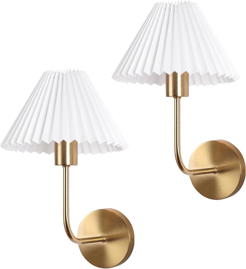 Wireless Wall Sconce Sets of 2, Pleated Shades Rechargeable Battery Operated Wall Sconce, Retro Industrial Gold Wall Lights Bathroom Vanity Sconces, Wall Mounted Lamps for Bedroom Living Room Kitchen (14.33 inches)