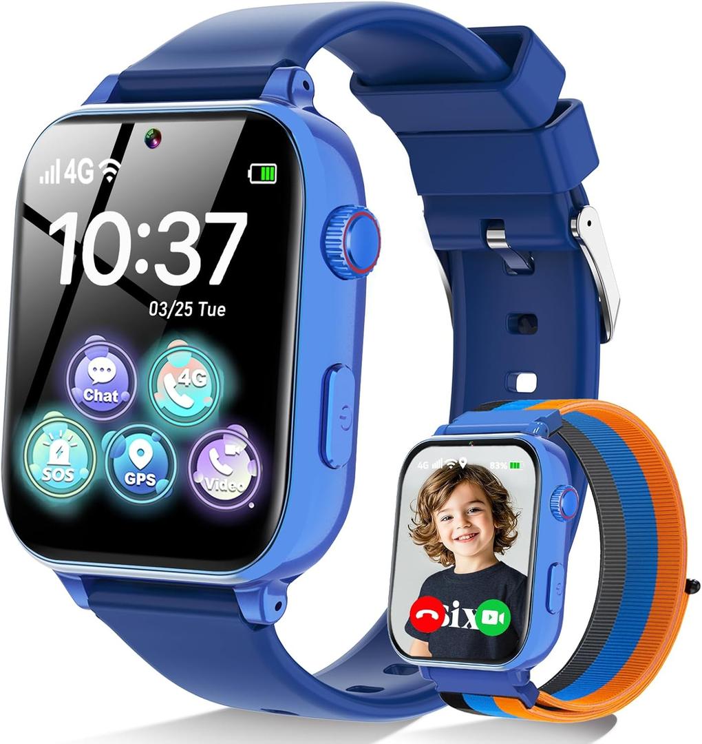 MOKAST 4G Kids Smart Watch for Boys Girls, Kid Watch Phone Ages 4-12 with Call, GPS, SOS, Video Call, Games, Camera, Alarm, Touchscreen Smartwatch for Children Birthday Gift (Includes SIM Card), Blue