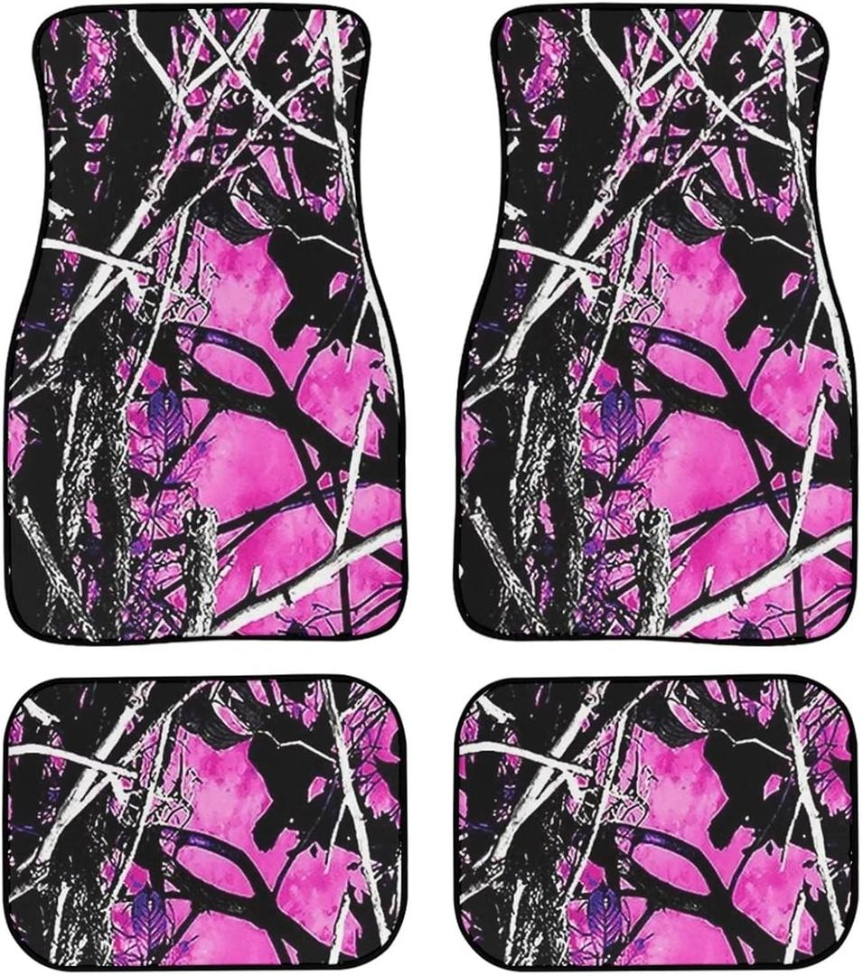 Suobstales Car Floor Mats Pink Camo Accessories for Cars, SUVs and Trucks 4 Pcs All-Season Rubber Front Rear Floor Foot Mats Hunting Forest Camouflage