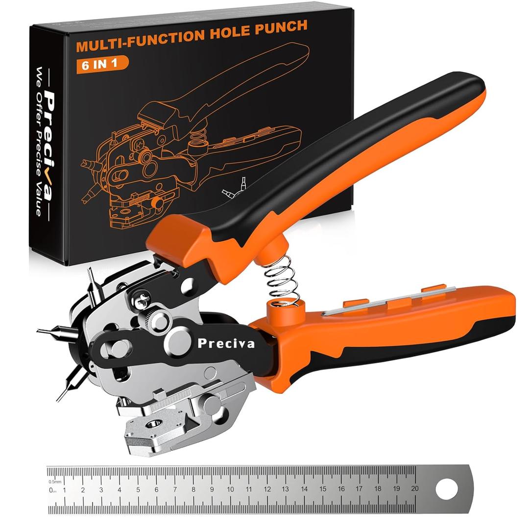 Preciva Hole Punch Plier, Revolving Punch Hole Tool with V-Shaped Cutting Edge Design, 6 Hole Sizes & 20cm Stainless Steel Ruler for Leatherr, Belts, Thin Iron Sheets, Paper Cards, Plastics & Fabrics (Orange)