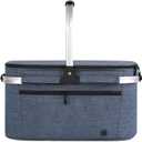 ALLCAMP Picnic Basket - 32L Insulated Cooler, Thickening Foldable Picnic Basket with Removable Baskets & Sewn-in Frame, Basket for House Warming Gifts New Home(Blue) (Large)