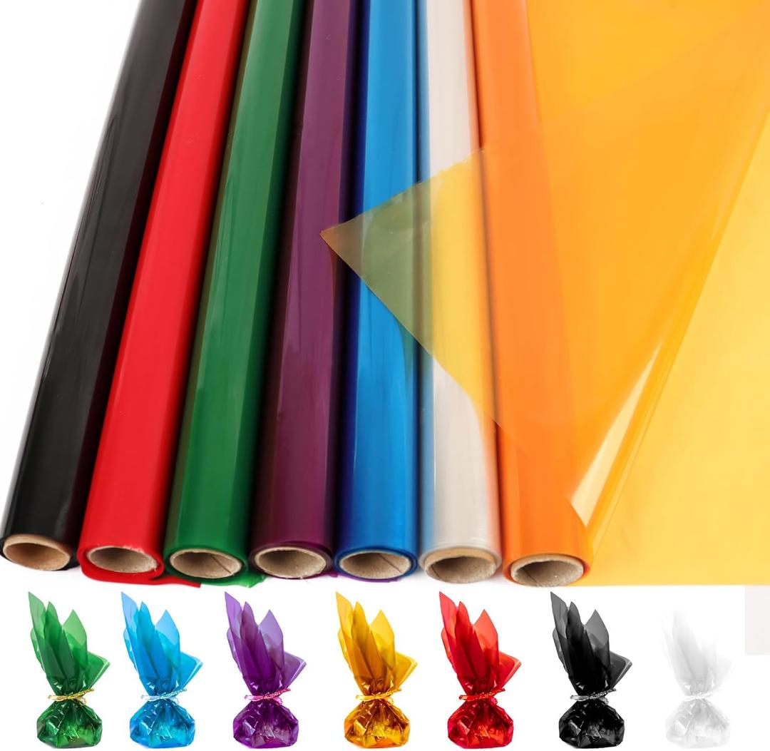 CMFYHM 7 Rolls Colored Cellophane Wrap Roll (34 in x 16.4 ft x 7 Colors) Extra Wide Cellophane Roll Transparent Color Cellophane Gift Wrapping for Gift Baskets,Flowers, DIY Craft,Baby Shower,