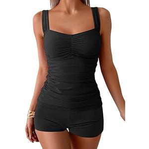 B2prity Women's Tankini Swimsuit Tummy Control Ruched Two Piece Bathing Suit Push Up Modest Swim Suits with Shorts, Black 