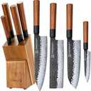 FAMCüTE Japanese Knife Block Set, Hand Forged 5-Layer 9CR18MOV Clad Steel Ultra Sharp Kitchen Knives with Wooden Storage & Rosewood Handle, Includes Chef, Santoku, Nakiri, Fruit Knife for Home Mom/Dad
