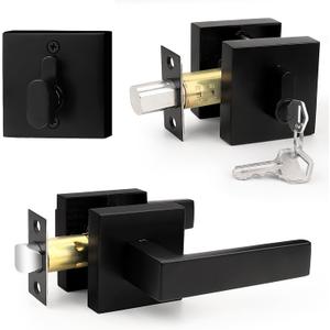 Probrico Flat Black Passage Door Lever with Single Cylinder Deadbolts Combo Pack, Modern Square Lock Set Handleset, Exterior Handle and Set