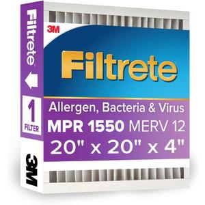 Filtrete 20x20x4 AC Furnace Air Filter, MPR 1550, MERV 12, Fits Honeywell, CERTIFIED Asthma & Allergy Friendly, Electrostatic Air Cleaning Filter, (Actual Size 19.88x19.88x4.31 in)