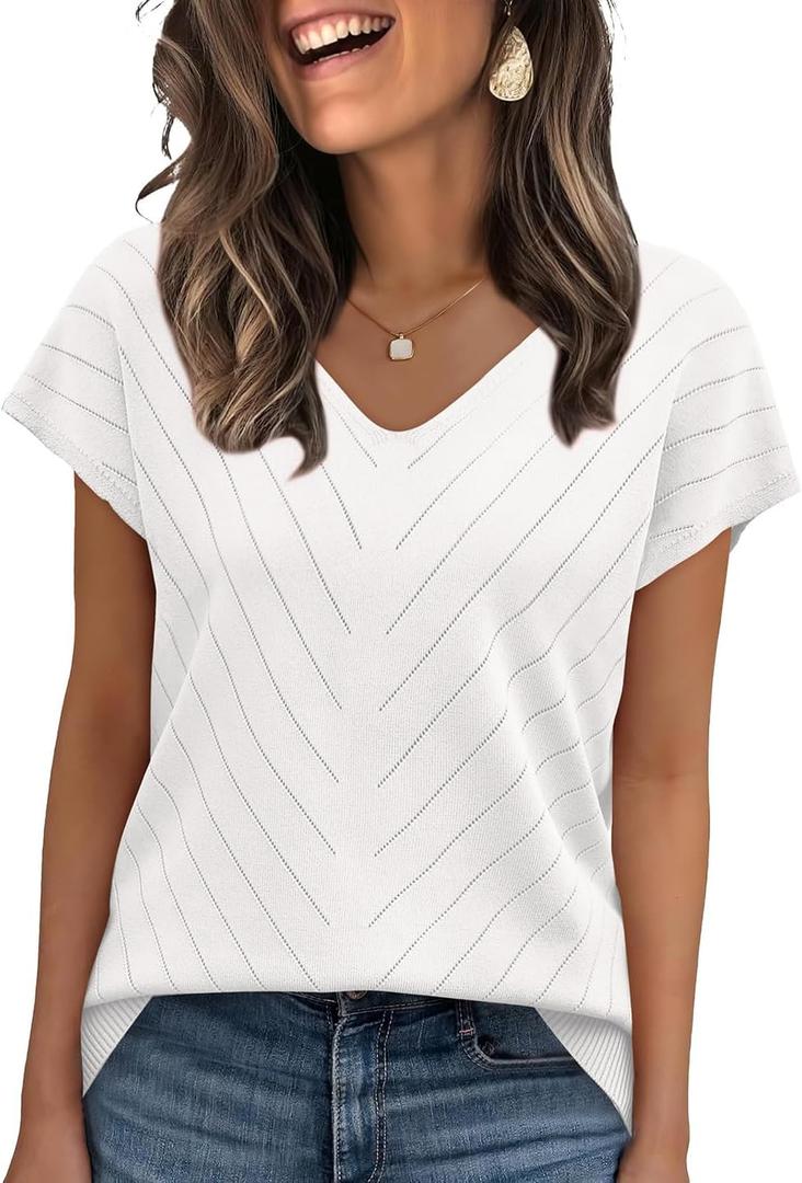 WIHOLL Short Sleeve Sweater for Women V Neck Trendy Summer Tops 2026 Beach Vacation Clothes Travel Business Casual Outfits (White, XL)