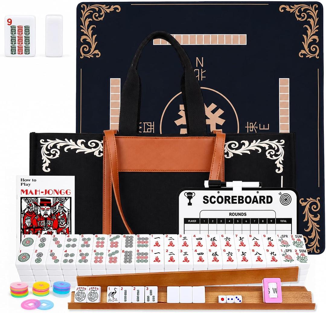 Extguds American Mahjong Set with 166 Tiles, Mahjong Mat, 4 Wooden Racks, Pushers, Dice, Scoreboard & Carrying Bag – Complete All-in-One Mahjong Game Set, 20.08 x 4.72 x 10.63 inches