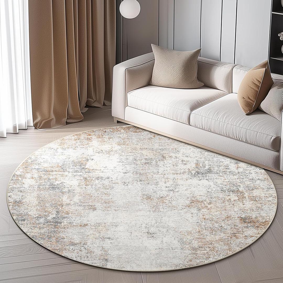 jinchan Round Rug 6ft Modern Area Rug 6' Round Circle Mat Washable Abstract Distressed Floor Cover Taupe Multi Contemporary Non-Slip Overdyed Thin Carpet for Living Room Dining Room Bedroom Kitchen