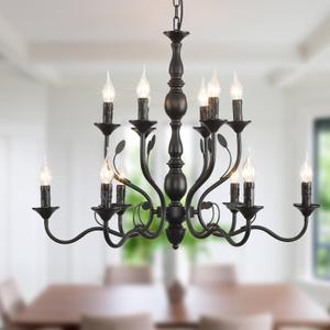 Ganeed Black Farmhouse Chandeliers for Dining Room, 12-Light Rustic Industrial Pendant Hanging Lighting Fixture, Modern Candle Chandelier for Kitchen Island Living Room Entryway