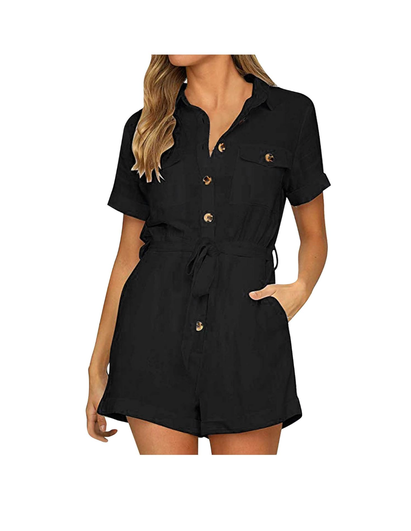 RKSTN Summer Jumpsuits for Women Shorts Overalls Formal Solid Shirt Button V-Neck Short Sleeved Casual Rompers with Pockets Size M