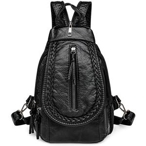 Vintage Embroidered Women Backpacks Soft PU Leather Backpack Purse Small Female Travel Bag Black Chest Packs (Zipper)