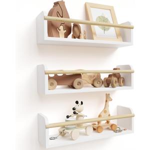 Decorative Nursery Bookshelves for Kids - Set of 3 Easy to Install Floating Shelves for Wall Mount - Beautiful Hanging Organizer Furniture for Your Baby Boy or Girl's Bedroom and Play Room Decor (White/Natural)