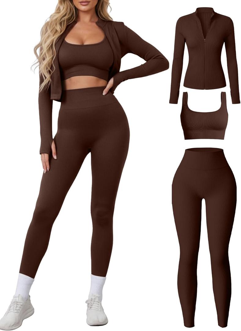 Women 3 Piece Seamless Workout Set Sports Bra High Waisted Gym Yoga Leggings Zip Up Jacket with Thumbhole Activewear (Medium, Coffee)