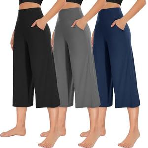 NEW YOUNG 3 Pack Women's Wide Leg Capri Pants with Pockets High Waist Loose Sweatpants Casual Lounge Yoga Workout Palazzo, Size L