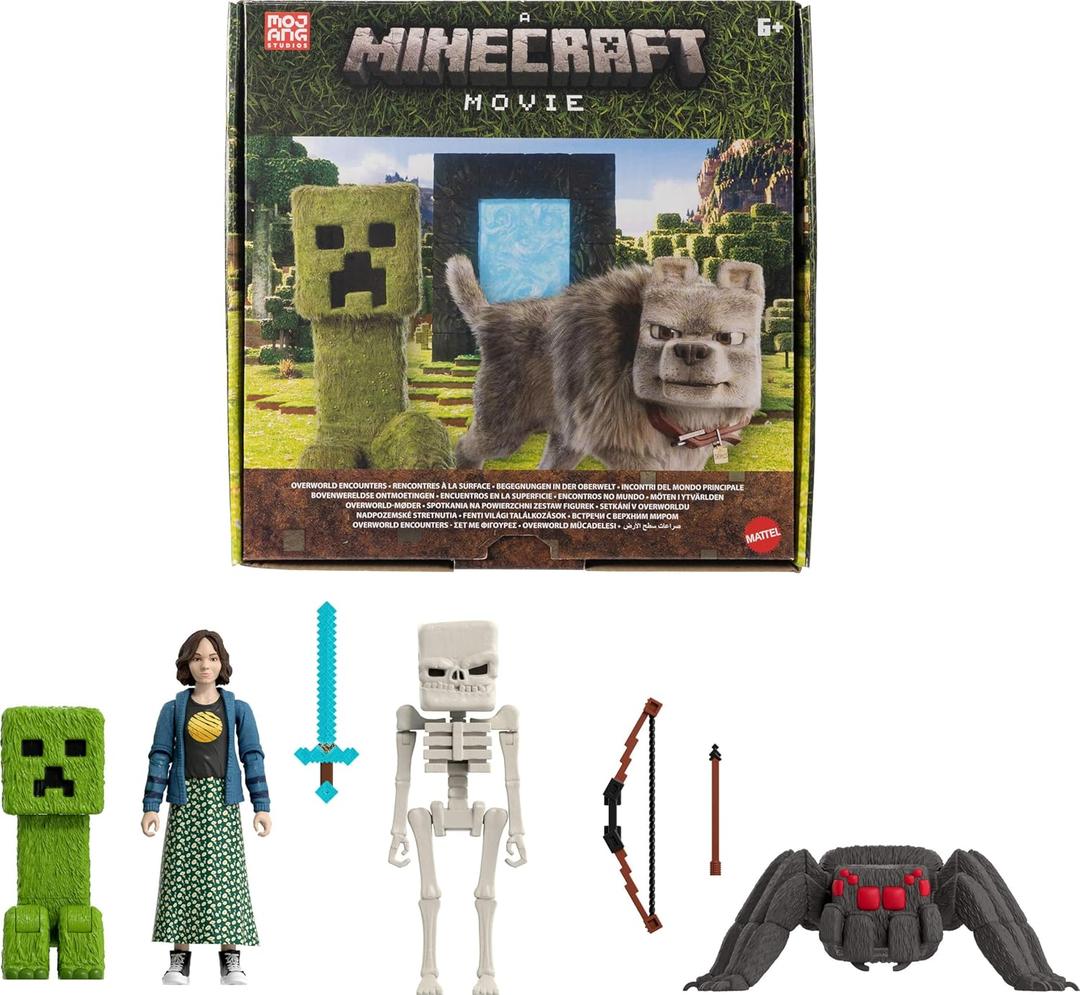 Mattel Minecraft Story Set with 4 Action Figures & 3 Accessories, Overworld Encounters Pack Inspired by a Minecraft Movie, Toy Collectible (Multicolor)