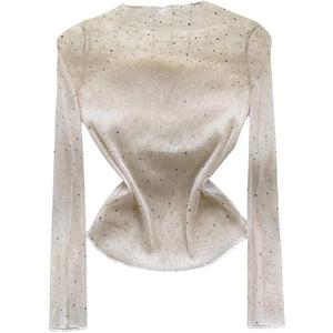 GORGLITTER Women's Sparkly Sequins Mesh Sheer T Shirt Long Sleeve Mock Neck Slim Tops, M