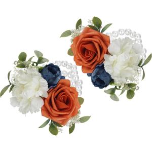 Rinlong 2Pcs Navy Terracotta Wrist Corsage Artificial Flower Corsage for Wedding Homecoming Prom Bracelet Wrist Flowers Bride Bridesmaid Flower Navy Blue Burnt Orange