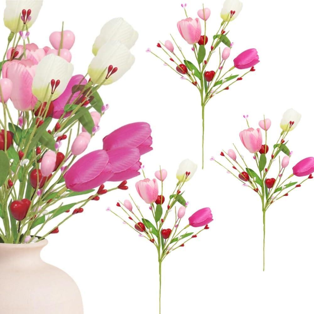 Wootkey 4Pcs Artificial Tulips Twigs Mother's Gift Decorations Pink Tulip Berry Stems for Easter Day Anniversary Flower Bouquets Wedding Home Decor