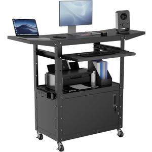 Mobile AV Cart with Drop Leaves & Adjustable Height, Rolling Computer Cart with Pullout Keyboard Tray – Locking Cabinet, 3 Outlets&2 USB Ports, Lock Brake Casters, Utility Cart for Office/Classroom