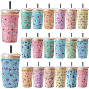 Irenare 20 Pcs Fresh Floral Reusable Iced Coffee Sleeve Neoprene Insulator Cup Sleeve for Cold Beverages Cups Neoprene Holder for Cold and Hot Drinks Fits Coffee Cups 22-24oz, Medium