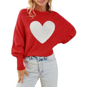 Womens Merry Christmas Sweaters Long Batwing Sleeve Sweater Loose Fit Pullover Top Sweaters (Small, Heart Red)