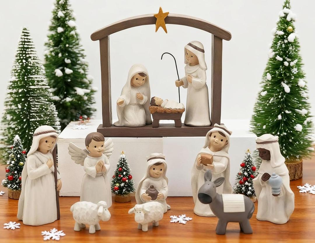 Artisan Flair 12 Pcs Nativity Set Small Figurines for Nativity Scene - Religious Gifts Precious Moment - Christmas Manger Nativity Sets for Kids, Resin White (4.5inch)