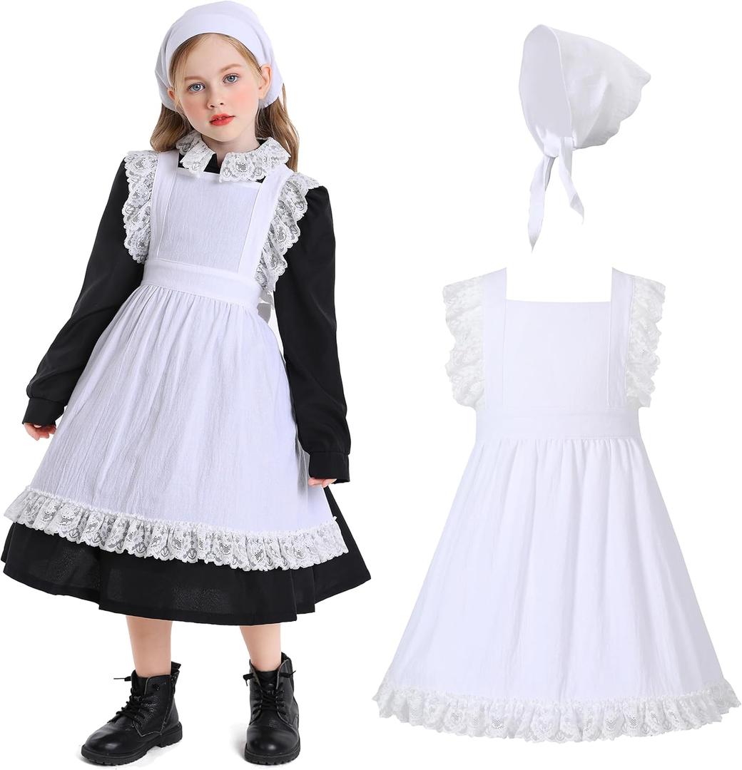 Kosgraiy Colonial Prairie Costume Dress for Girl, Kid Manor Maid Dress, Victorian Maid Costume, Girl Pilgrim Outfit, Black, M/ 130