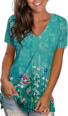 Womens T Shirts V Neck Short Sleeve Casual Tops Loose Fit Basic Tees with Curved Hem Size S